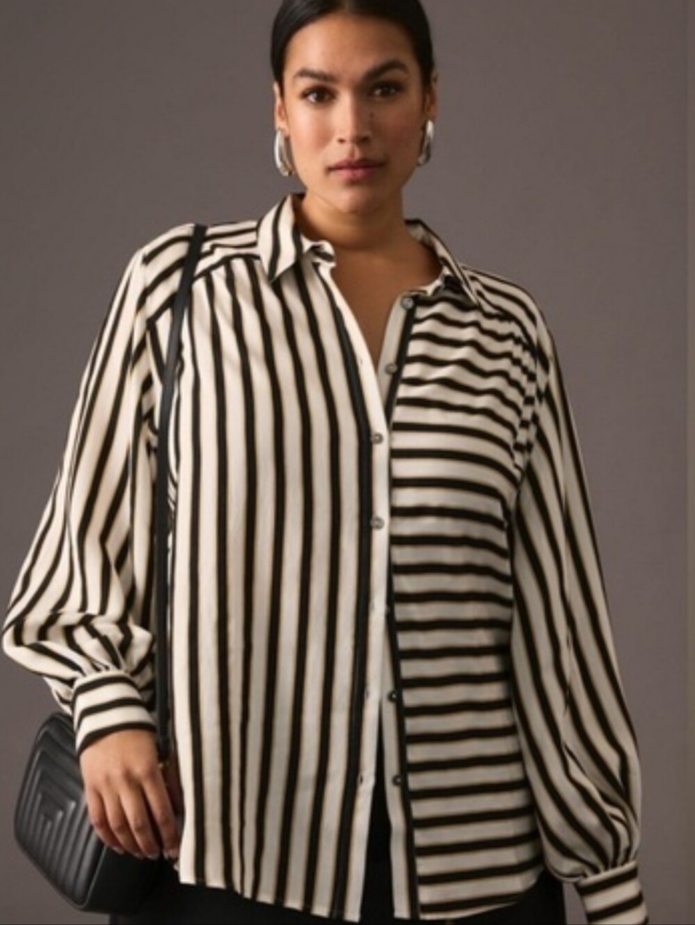 Anthropologie Black and White Vertical & Horizontal Stripe Button-Down Shirt